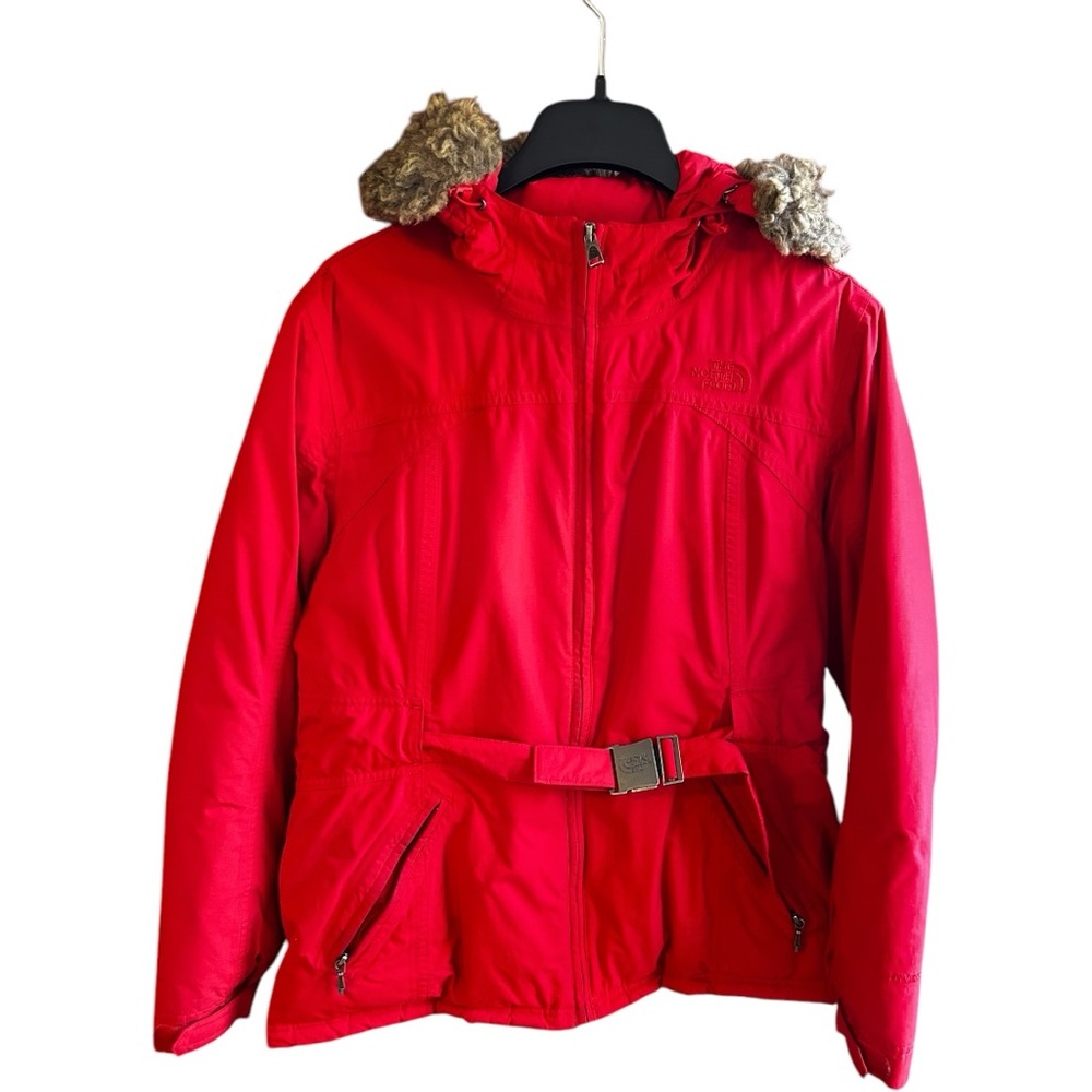 The North Face red parka with fur-trimmed hood Sz L